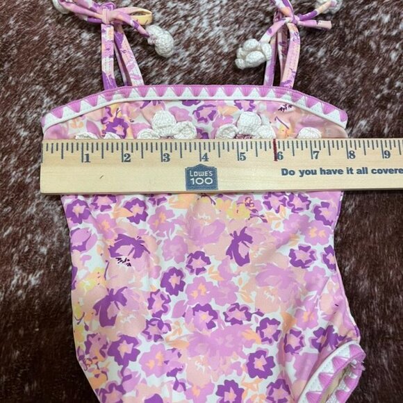 Shade Critters Purple Ditsy Floral Crochet Pom Pom One Piece Swimsuit 6–12M - Picture 7 of 7
